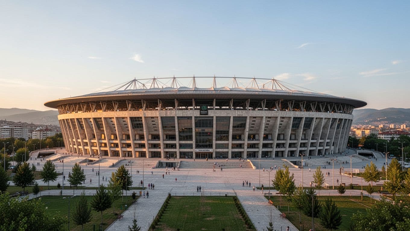Tampak depan Stadion Nasional Toše Proeski di Skopje dengan desain arsitektur modern yang megah. Langit musim panas yang cerah menonjolkan sorotan lampu kuning hangat yang menyinari seluruh struktur bangunan stadion pada malam hari.