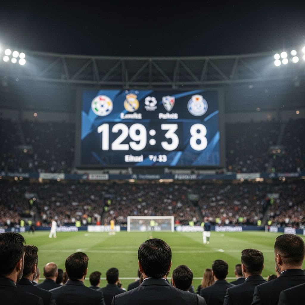 A glowing digital scoreboard displays league rankings inside a brightly lit football stadium at night.