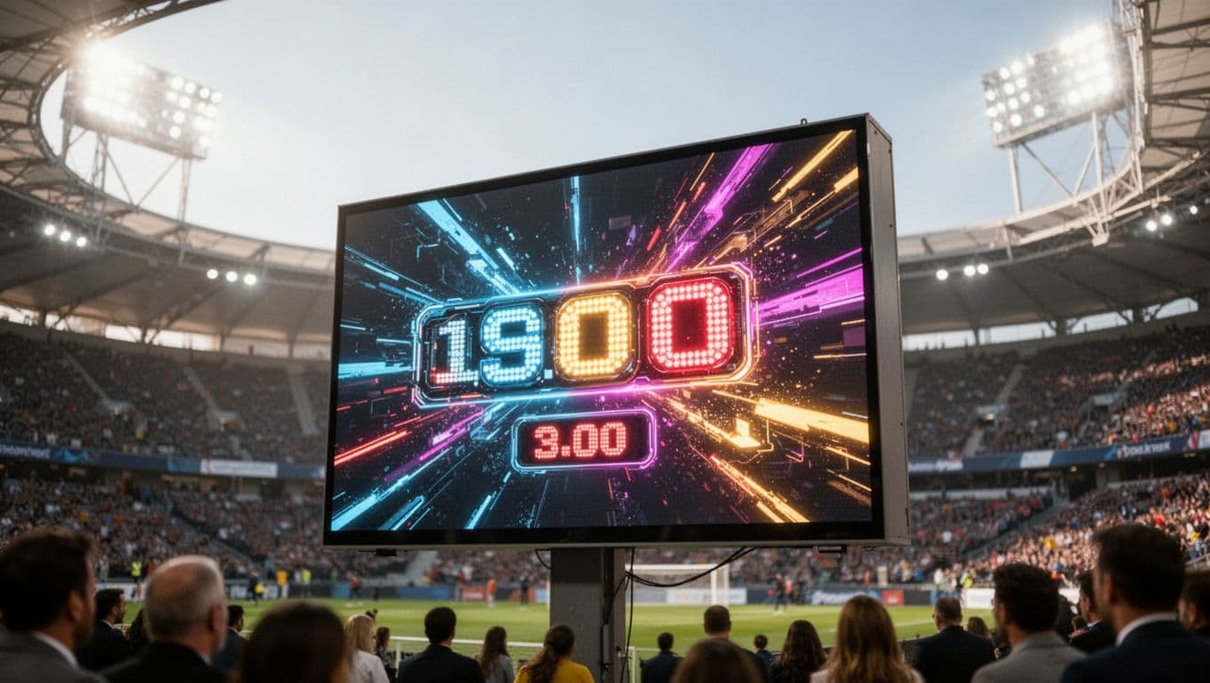 A high-definition stadium scoreboard features updated tournament rankings with glowing digital typography against a blurred arena background. The crisp graphical display highlights match points and standings for active competitive teams.