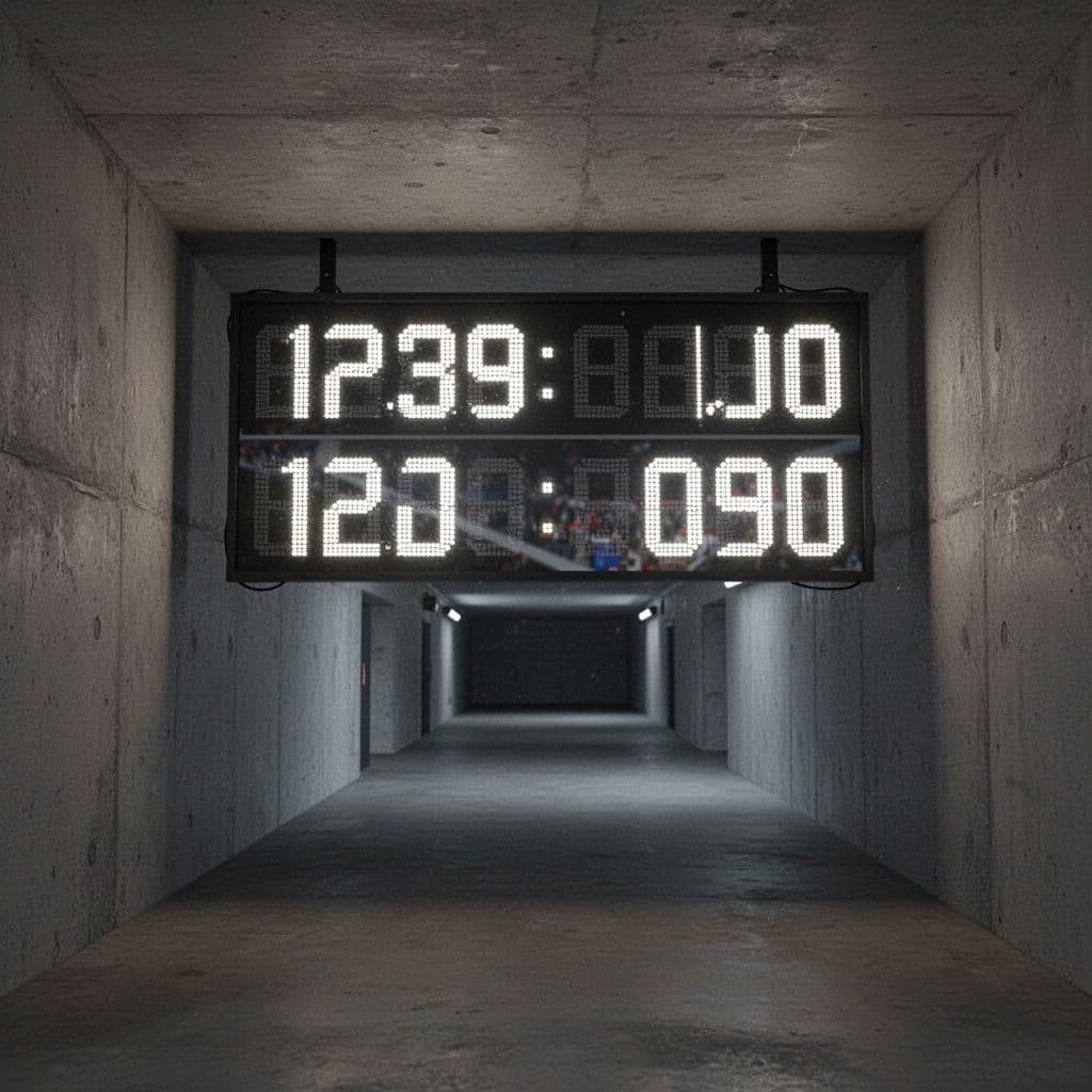 A blank league table display stands inside a dimly lit modern stadium tunnel.