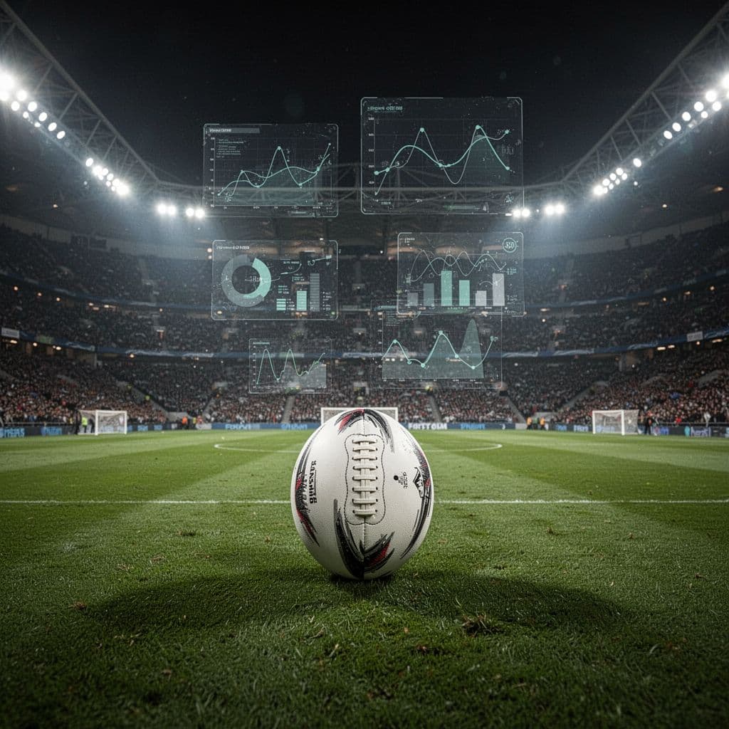 A lush green pitch lies empty under stadium lights at night, featuring glowing data graphics floating above the grass. A single football rests centrally while the stands remain dimly illuminated.