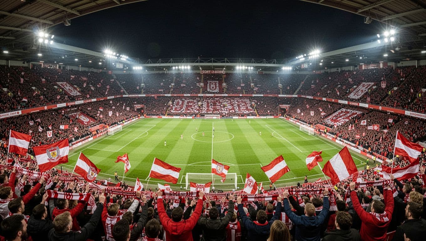Aerial view of thousands of Sunderland fans in red and white scarves cheering in packed stands under floodlights.