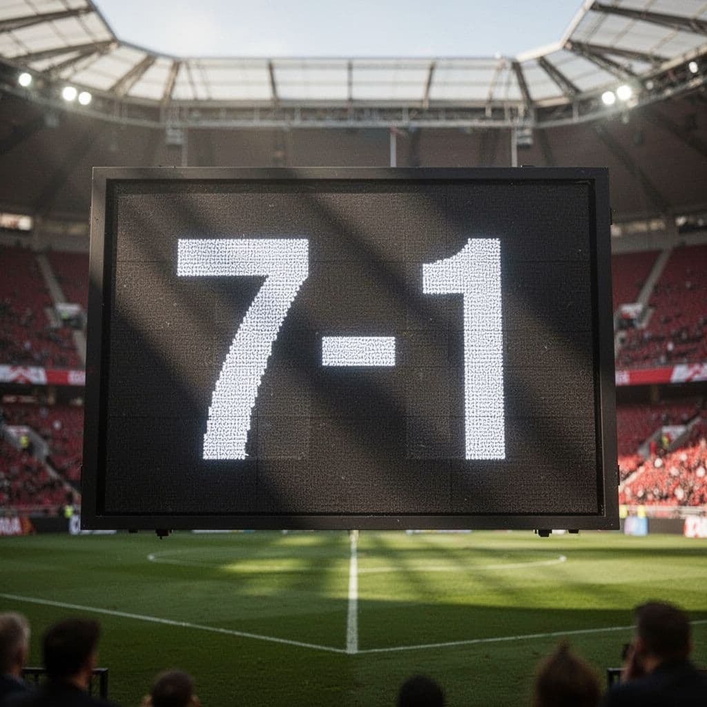 A close-up view of a stadium digital scoreboard displaying a seven to one score.
