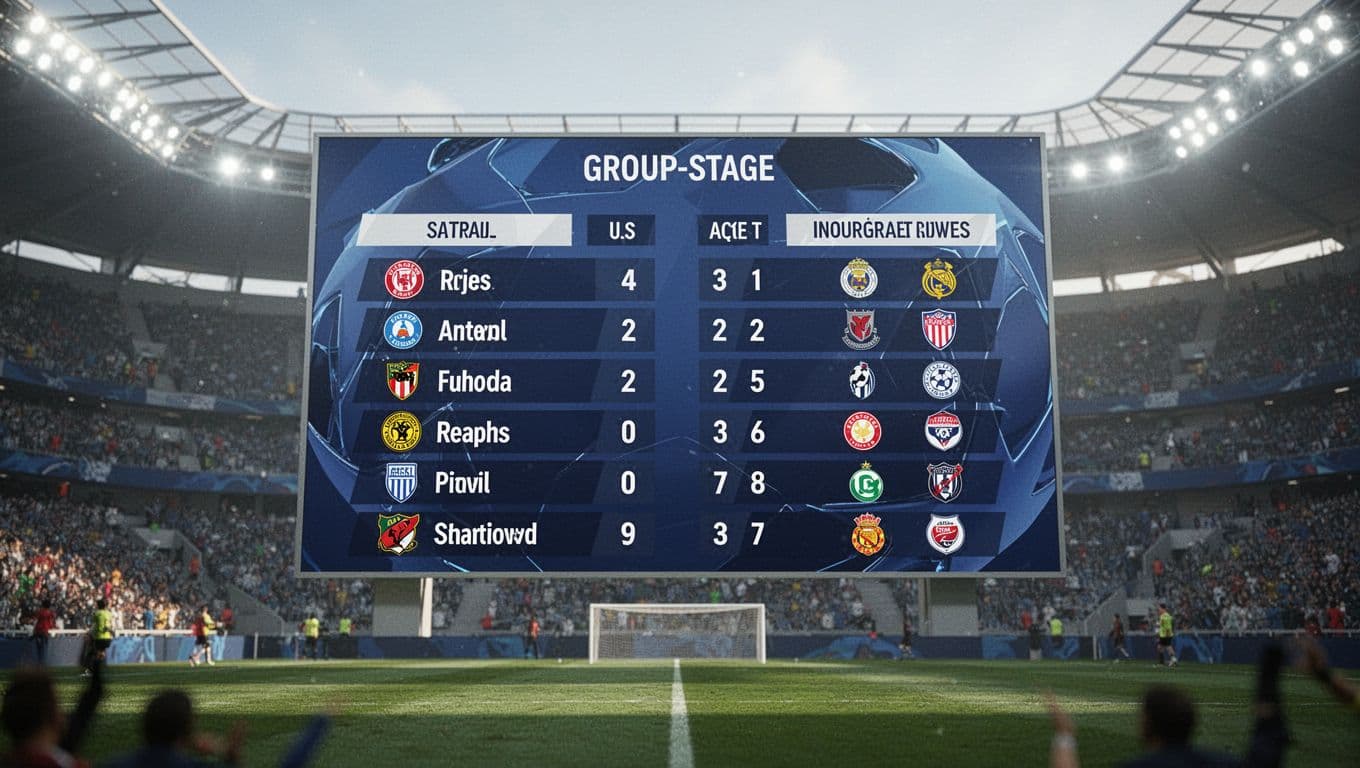 A massive high-definition digital display dominates the stadium interior, listing team standings and points. Vibrant stadium lights illuminate the blurred crowd, capturing the intense atmosphere of a major football tournament.