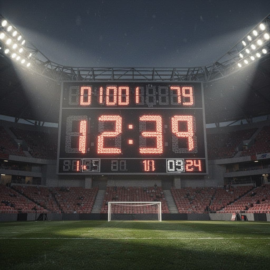 A close-up view of a glowing digital scoreboard displaying shifting match numbers in a dark stadium.