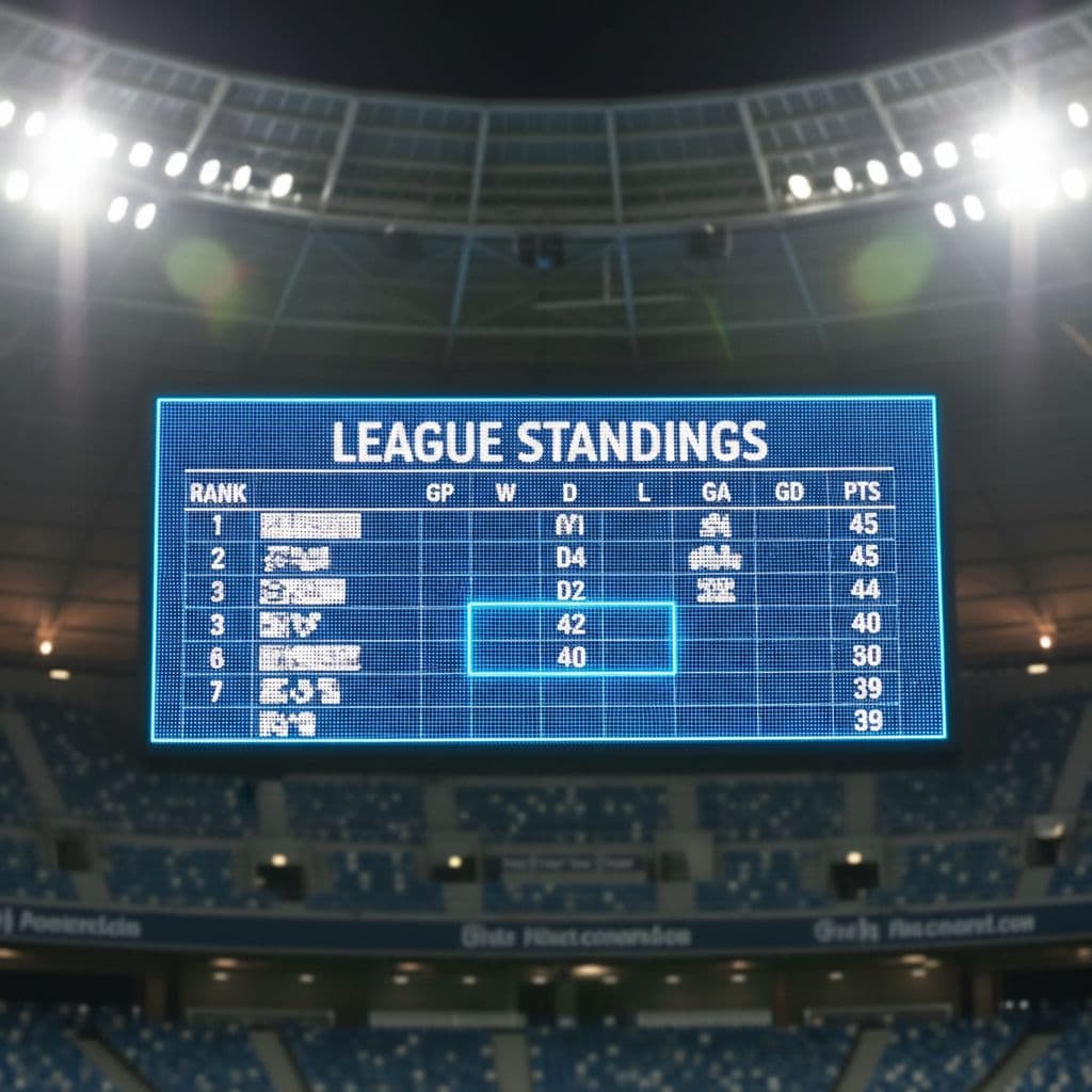 Close-up of digital scoreboard in stadium showing league rankings and points with rows highlighted.