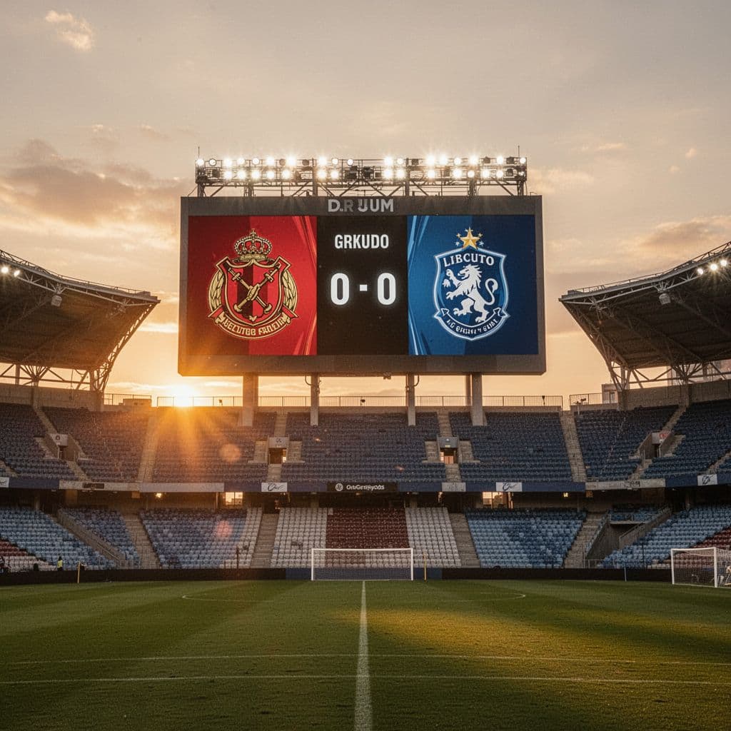 A glowing digital scoreboard towers over a dark stadium during a sunset match. It displays the national flags of Iraq and Andorra with a tight score margin visible on the screen.