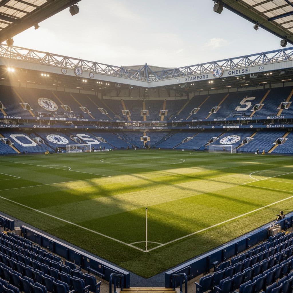 Wide view of clean Stamford Bridge football field with neat green grass under morning sunlight, empty stadium.