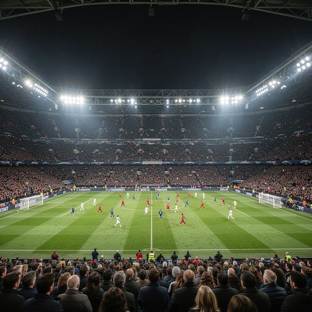 A wide view of Stamford Bridge stadium illuminated by bright floodlights during a night football match.