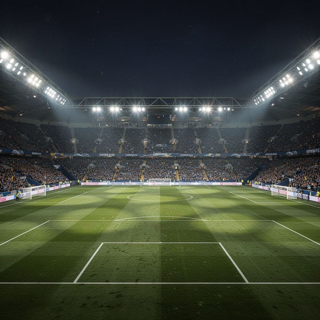 The pitch at Stamford Bridge is illuminated under stadium floodlights with empty blue seating tiers surrounding it.