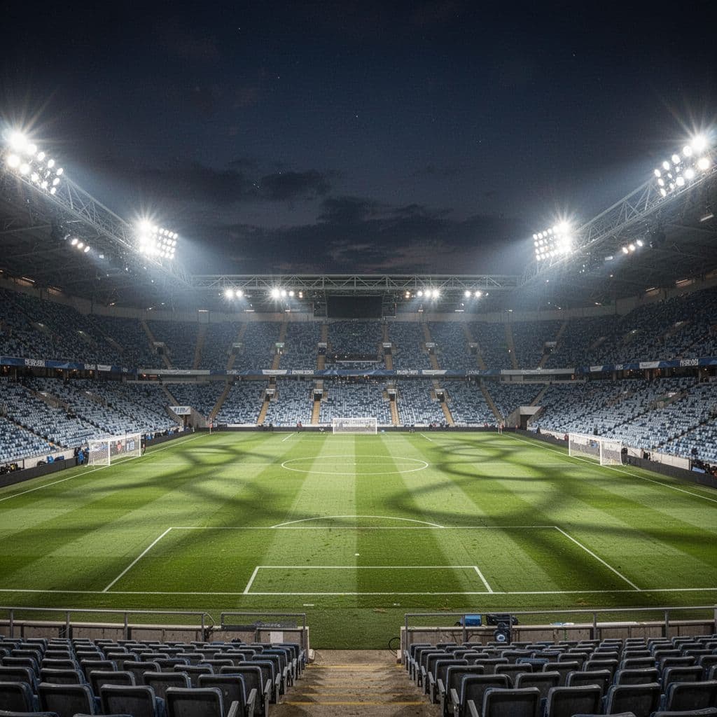 A view from the stands overlooking the empty, brightly illuminated grass pitch of Stamford Bridge stadium at night.