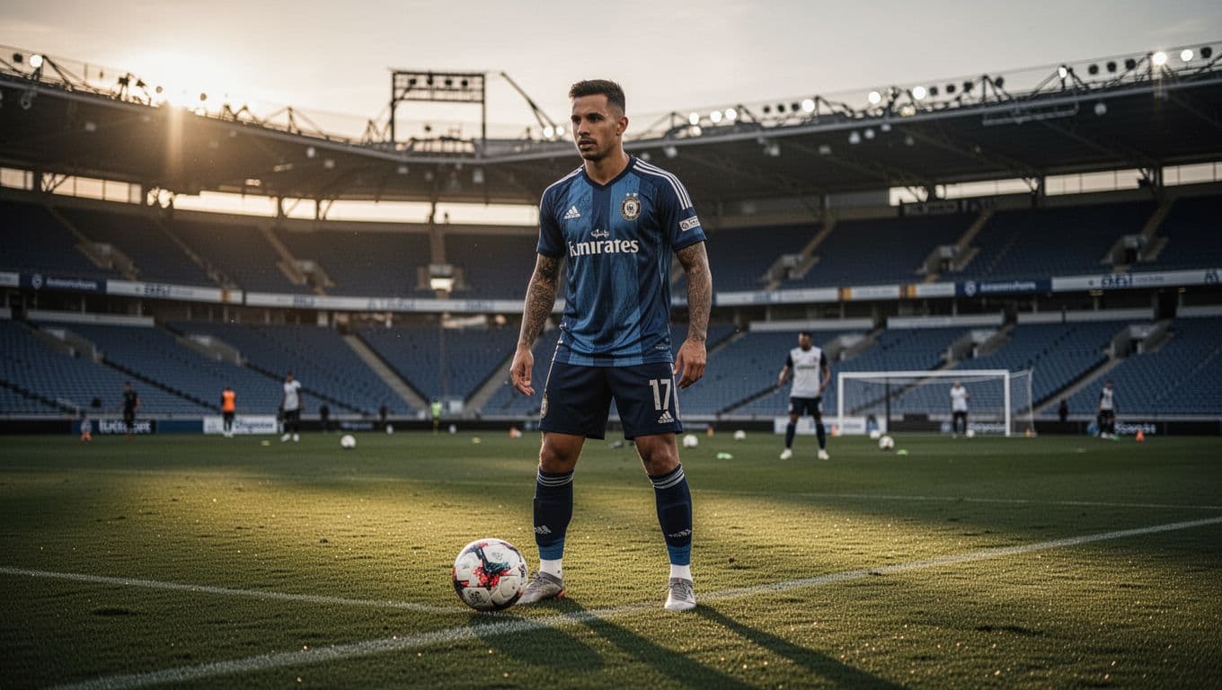 A focused athlete stands alone on the expansive grass pitch during a golden sunset. His athletic gear catches the warm, dramatic light as he prepares intently for the upcoming competitive match.