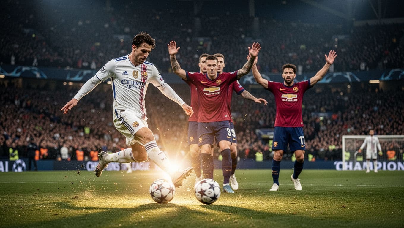 Star footballer scores stunning goal in Champions League final, celebrates with three teammates in night stadium.