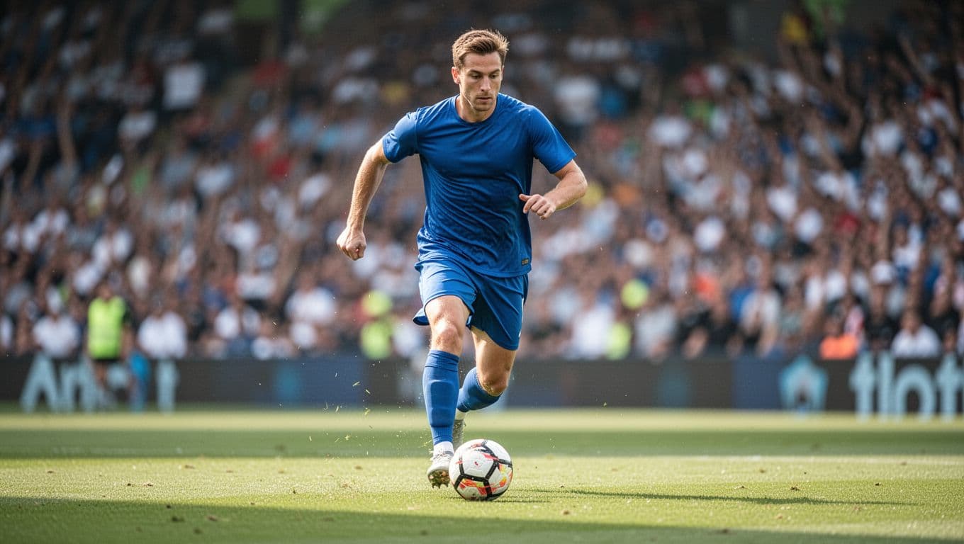 A focused football player wearing a bright blue jersey sprints across the grass while dribbling a white ball. The stadium stands fade into a soft, blurred background under clear daylight.