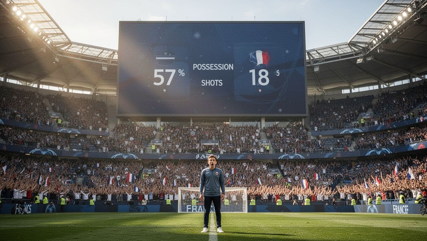 Layar raksasa stadion menampilkan data pertandingan dengan angka dominasi Prancis yang jelas. Di latar depan, seorang penonton berdiri terpaku menatap papan skor sementara suasana tribun stadion yang ramai terlihat di belakang.