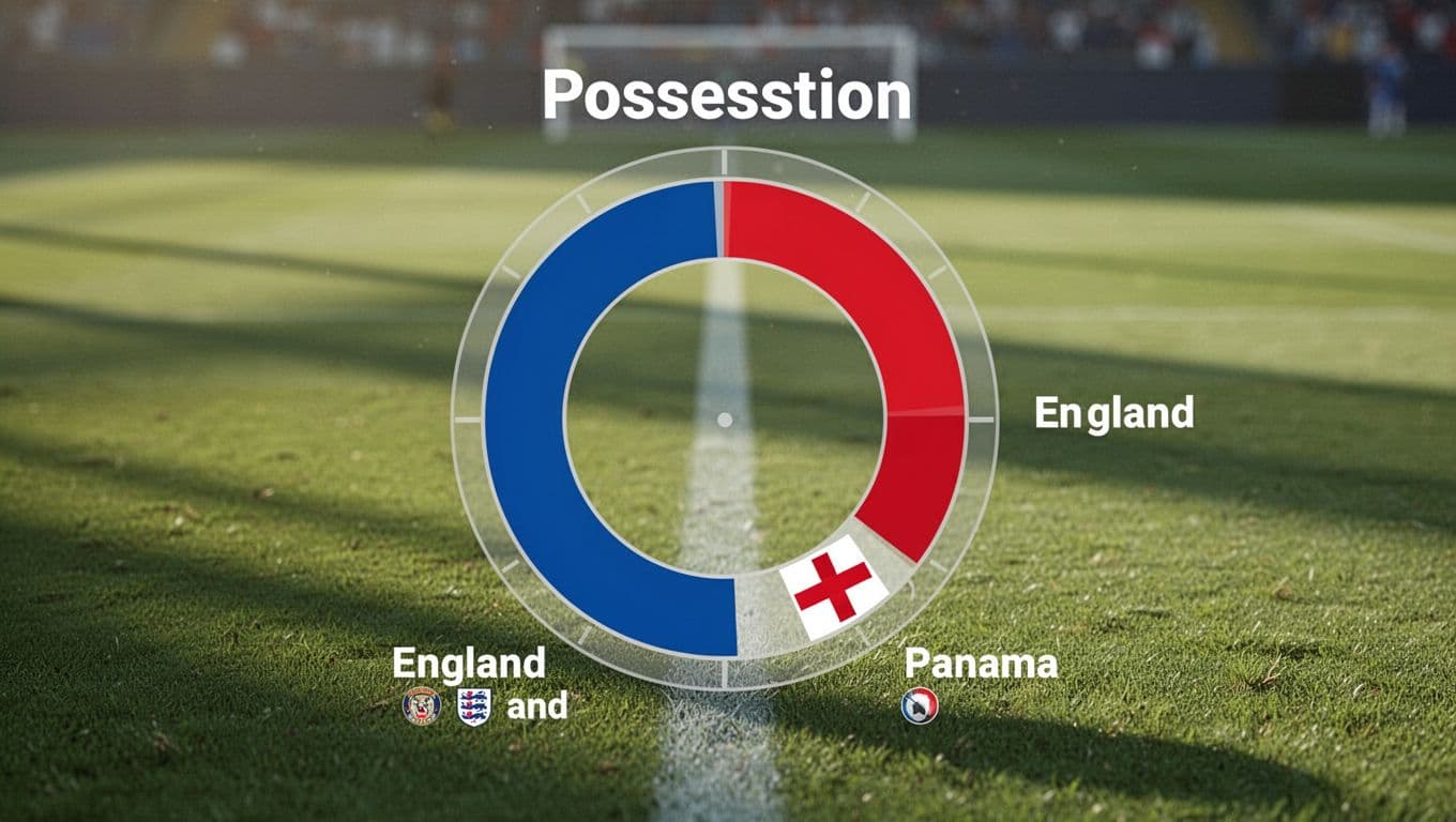 Layar menampilkan grafik infografis profesional dengan dominasi penguasaan bola Inggris sebesar 67 persen berbanding 33 persen milik Panama. Latar belakang lapangan hijau tampak buram dengan elemen desain statistik yang bersih dan presisi.