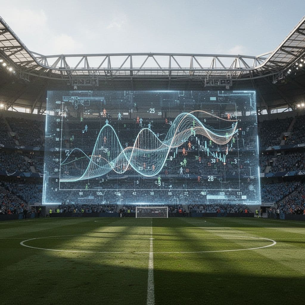 Layar digital besar menampilkan data statistik serta grafik performa pemain yang abstrak di atas rumput stadion hijau. Cahaya matahari alami menyoroti tampilan visual analitik pertandingan yang sedang berlangsung dengan detail jelas.