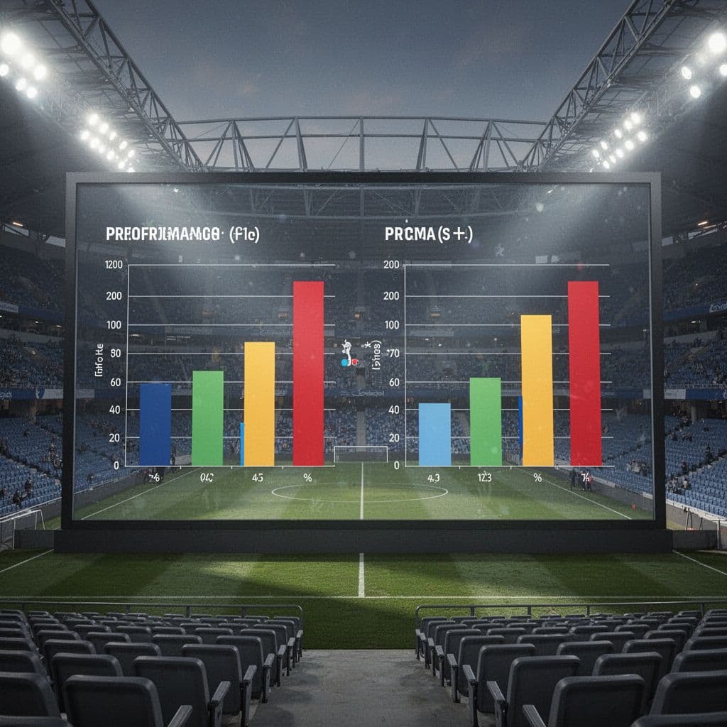 Layar digital besar menampilkan dua grafik batang yang membandingkan metrik performa dari dua tim sepakbola. Latar belakang stadion yang terang memberikan kesan profesional dalam presentasi data teknis pertandingan olahraga tersebut.