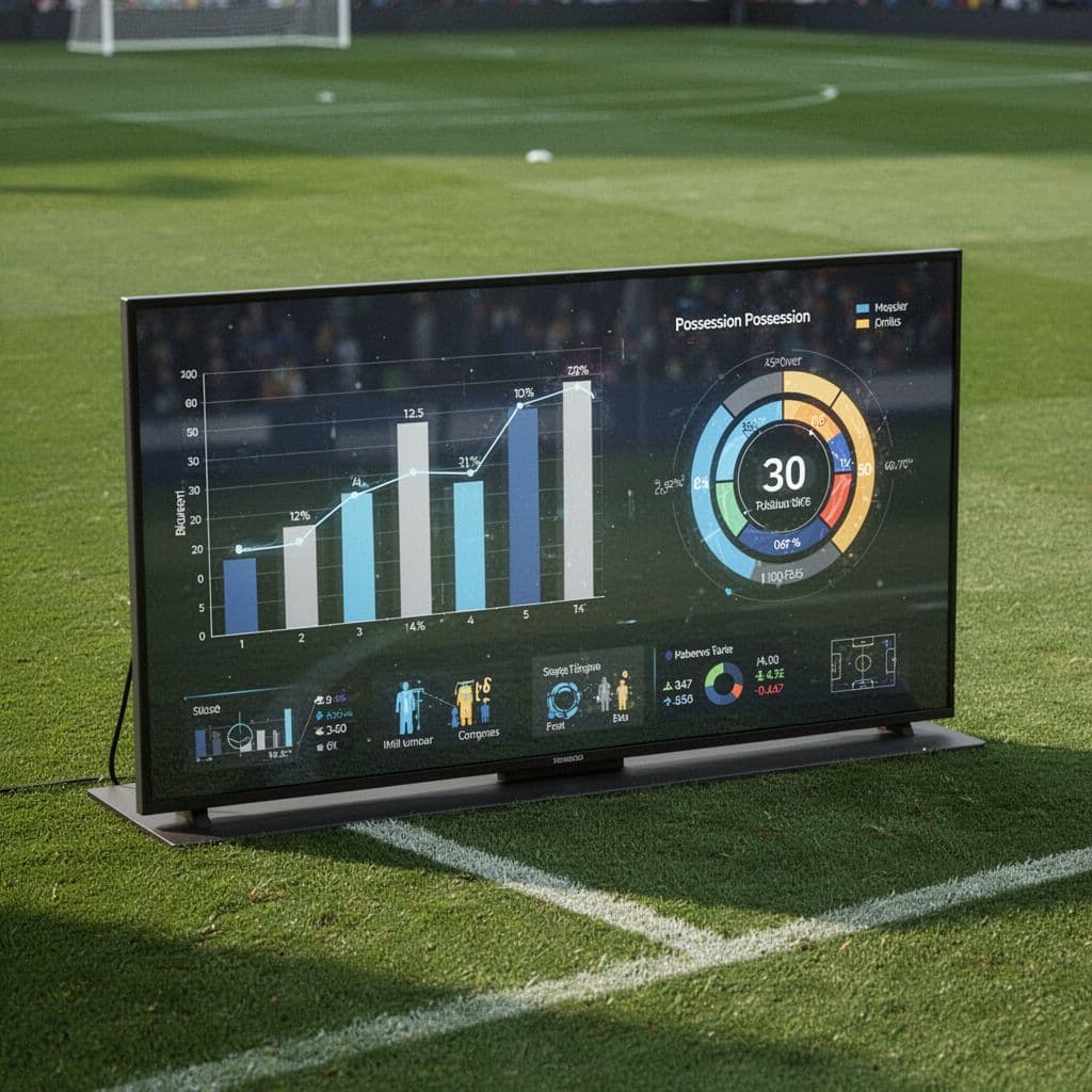 Grafik batang digital dan persentase penguasaan bola melayang di atas latar belakang lapangan hijau. Analisis taktis ini menampilkan data kinerja tim yang akurat untuk perbandingan performa pemain di atas lapangan.