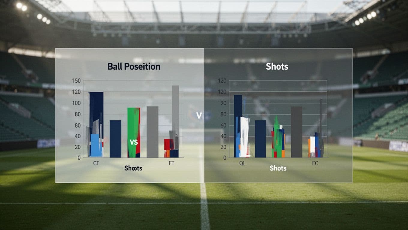 Layar digital menampilkan angka penguasaan bola dan total tembakan antara tim Kolombia serta RD Kongo. Elemen grafis modern ini dipadukan dengan latar belakang rumput stadion hijau yang buram dan estetika minimalis.