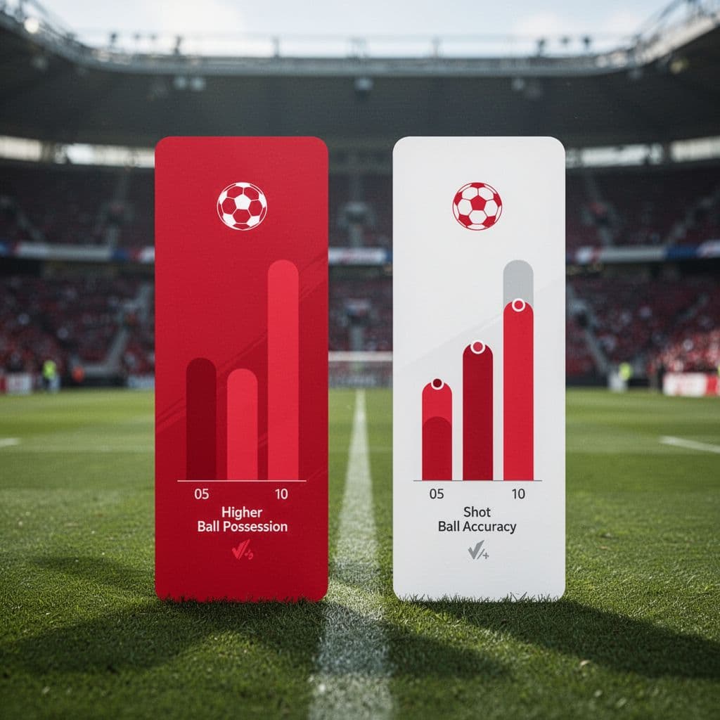 Perbandingan data penguasaan bola dan akurasi tembakan disajikan dalam bentuk grafik infografis merah dan putih yang elegan. Latar belakang stadion rumput yang buram memberikan fokus visual pada elemen statistik pertandingan tersebut.
