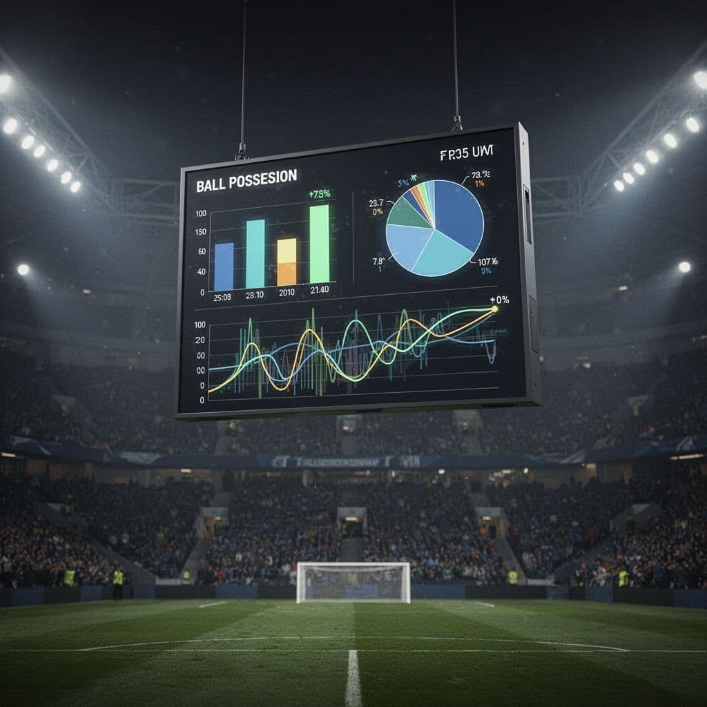 Layar digital menampilkan metrik penguasaan bola dan papan skor pertandingan dengan latar belakang stadion yang buram. Elemen grafis ini disusun secara bersih menggunakan aksen warna profesional untuk menyoroti dinamika permainan tim.