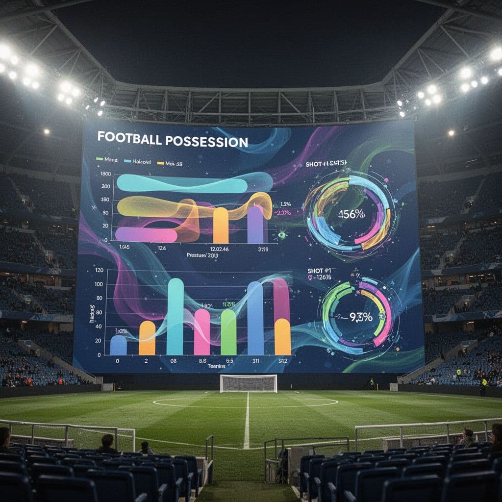 Layar besar dalam stadion menampilkan grafik data performa pemain yang detail termasuk persentase penguasaan bola dan jumlah tembakan. Latar belakang stadion yang tidak fokus memberikan kesan suasana pertandingan yang sangat profesional.