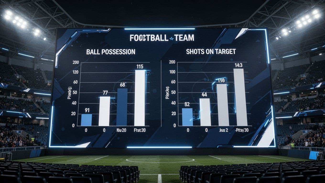 Layar digital besar di stadion menampilkan perbandingan statistik dua tim sepak bola. Grafik batang berwarna neon biru menunjukkan dominasi penguasaan bola dan akurasi tembakan meskipun tim tersebut mengalami kekalahan skor pertandingan.