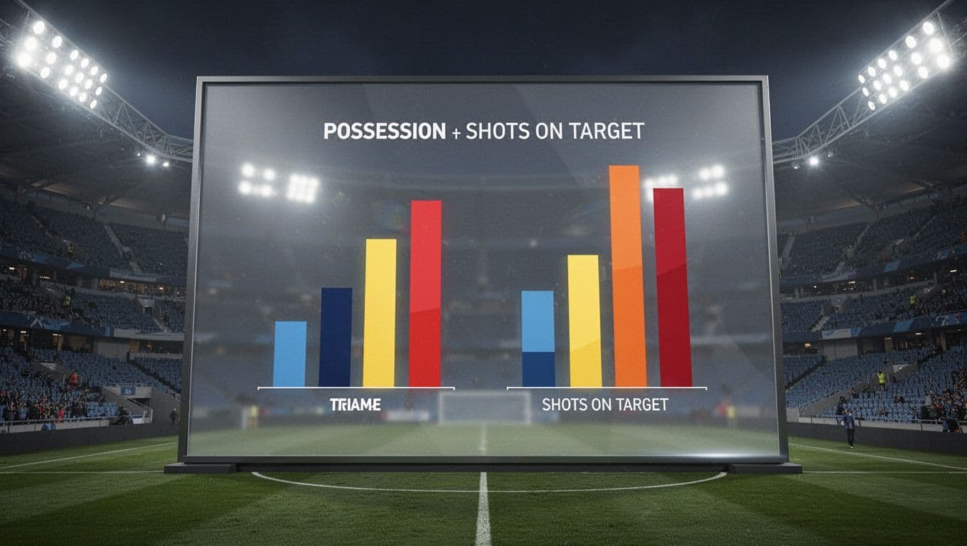 Layar digital menampilkan grafik batang perbandingan penguasaan bola dan tembakan ke gawang dengan latar belakang stadion yang buram. Desain minimalis ini menonjolkan efisiensi serangan tim melalui visualisasi data yang tajam dan bersih.