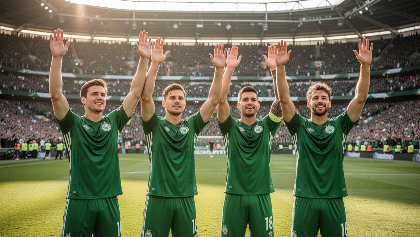 Four green-jerseyed Stella Club d'Adjamé forwards raise arms celebrating a goal on green field with cheering stadium crowd.