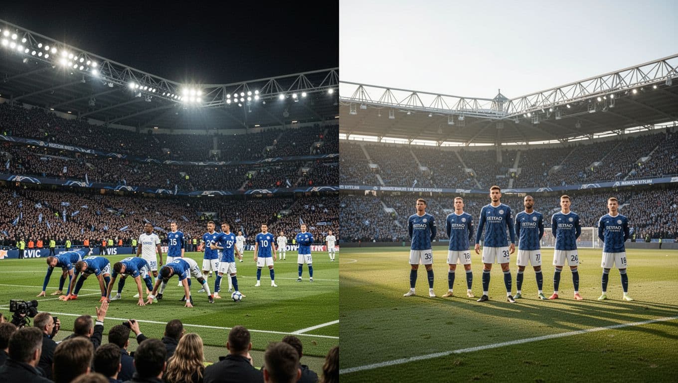 Split view: left shows packed night stadium with fans and warming players; right shows quiet daytime away stadium with few fans.