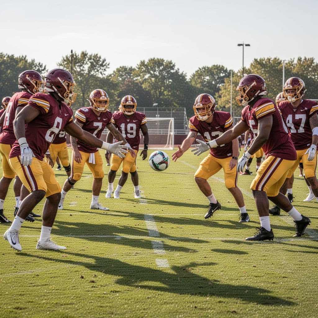 Players in maroon and gold kits practice on a sunny field with a soccer ball nearby.