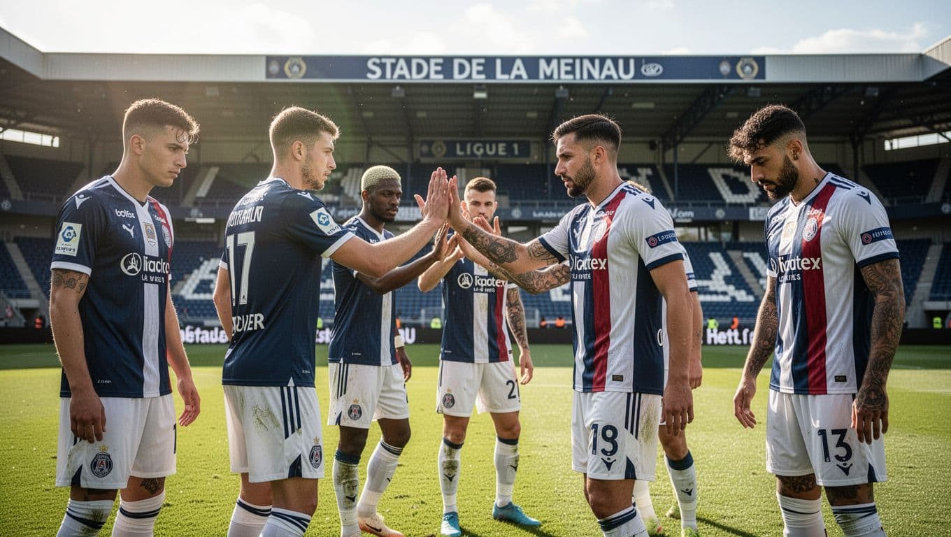 Six Strasbourg Alsace players on pitch at Stade de la Meinau show mixed emotions, some high-fiving, others dejected, on sunny day.