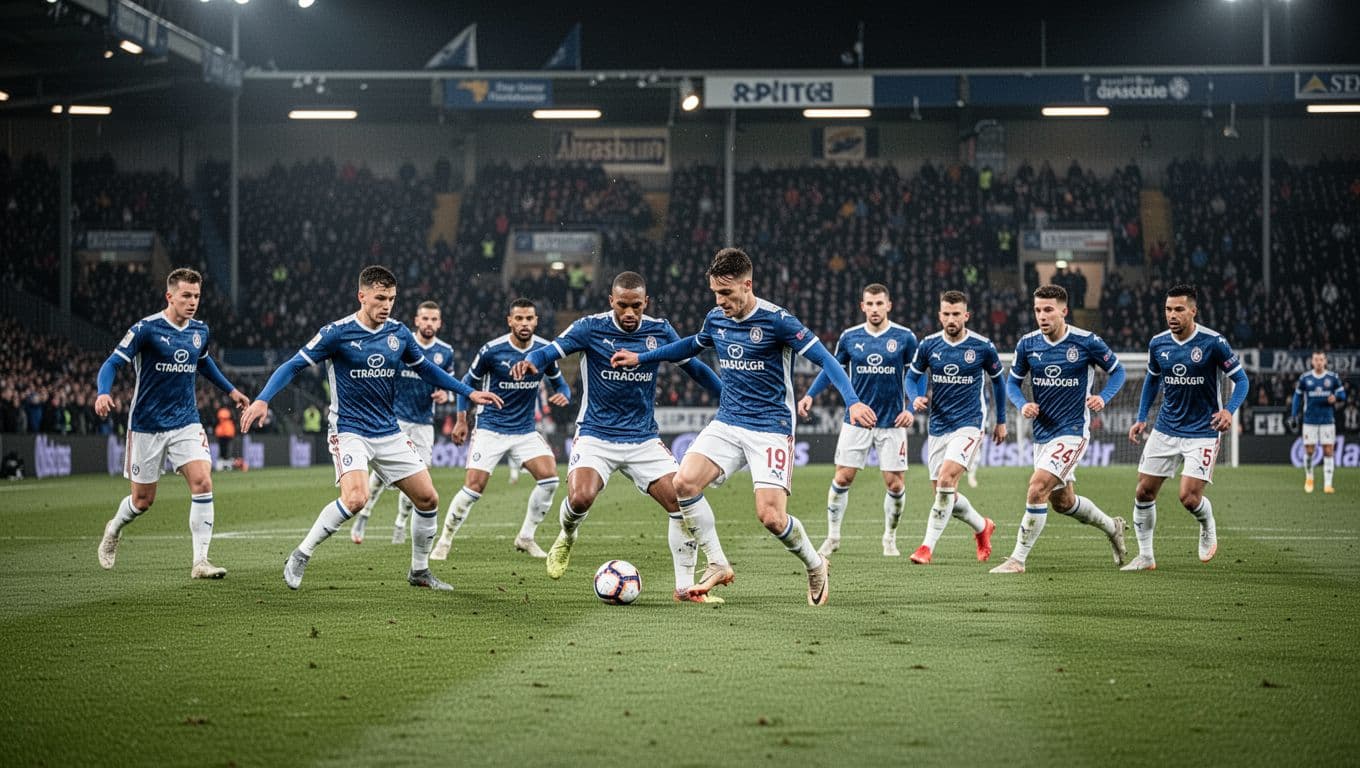 Strasbourg players in blue and white kits play midfield in nighttime away Ligue 1 match on rival pitch.