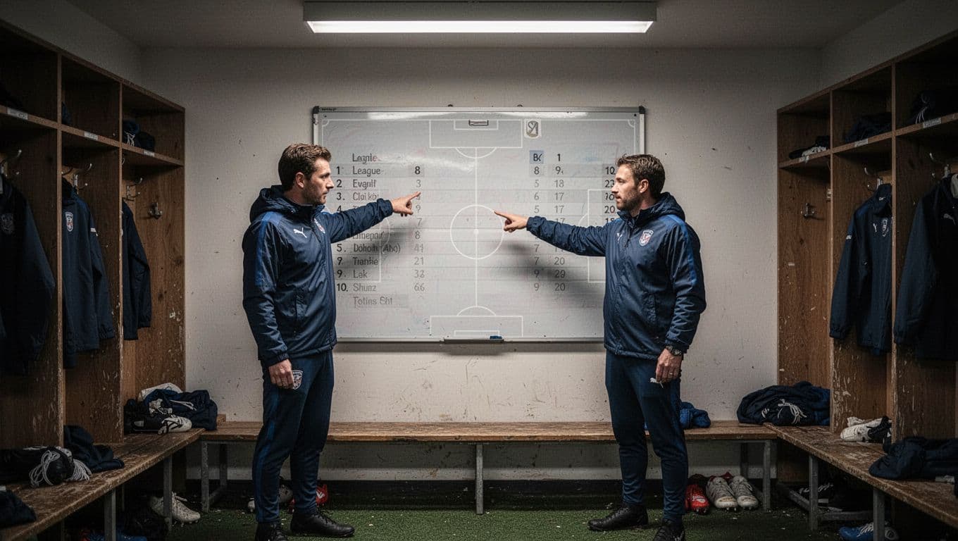 Coach points at tactic board in dim locker room showing Strasbourg around 8th in Ligue 1 standings.