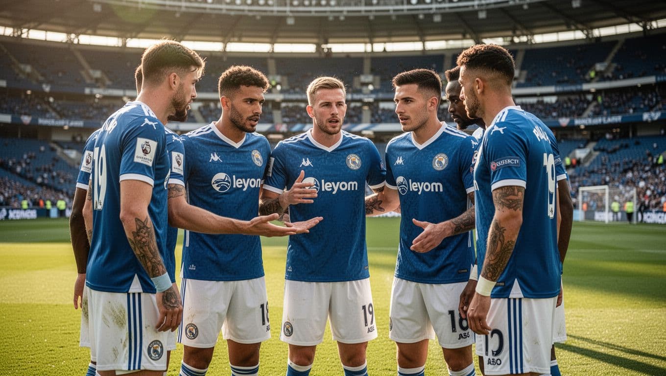 RC Strasbourg Alsace players in blue and white kits huddle on Stade de la Meinau pitch, focused expressions, one gesturing animatedly in sunny afternoon light.