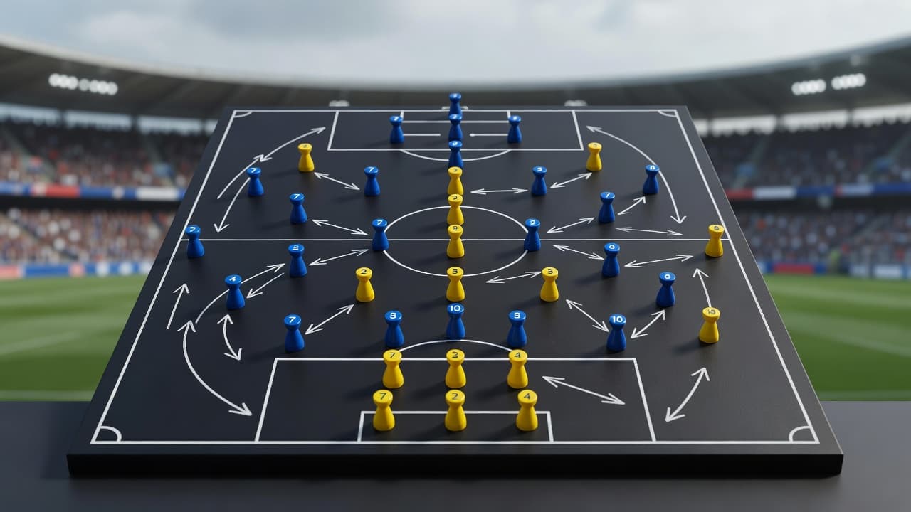 Papan taktik putih diletakkan di atas rumput lapangan dengan pion magnetik berbentuk pemain yang tersusun rapi. Latar belakang stadion yang tidak fokus memberikan kesan suasana pertandingan profesional yang sangat intens dan nyata.
