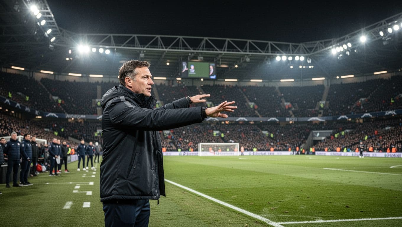 Seorang pelatih berdiri tenang di area teknis tepi lapangan saat pertandingan malam hari. Latar belakang stadion megah yang terang benderang menyoroti suasana intensitas laga sepak bola profesional yang sedang berlangsung.