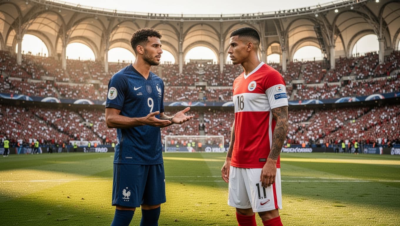 Pemain Prancis berkostum biru menyusun taktik di lapangan hijau, sementara tim Paraguay berbaju merah putih bertahan dengan rapat. Latar belakang stadion penuh penonton terlihat megah di bawah cahaya sore yang hangat.