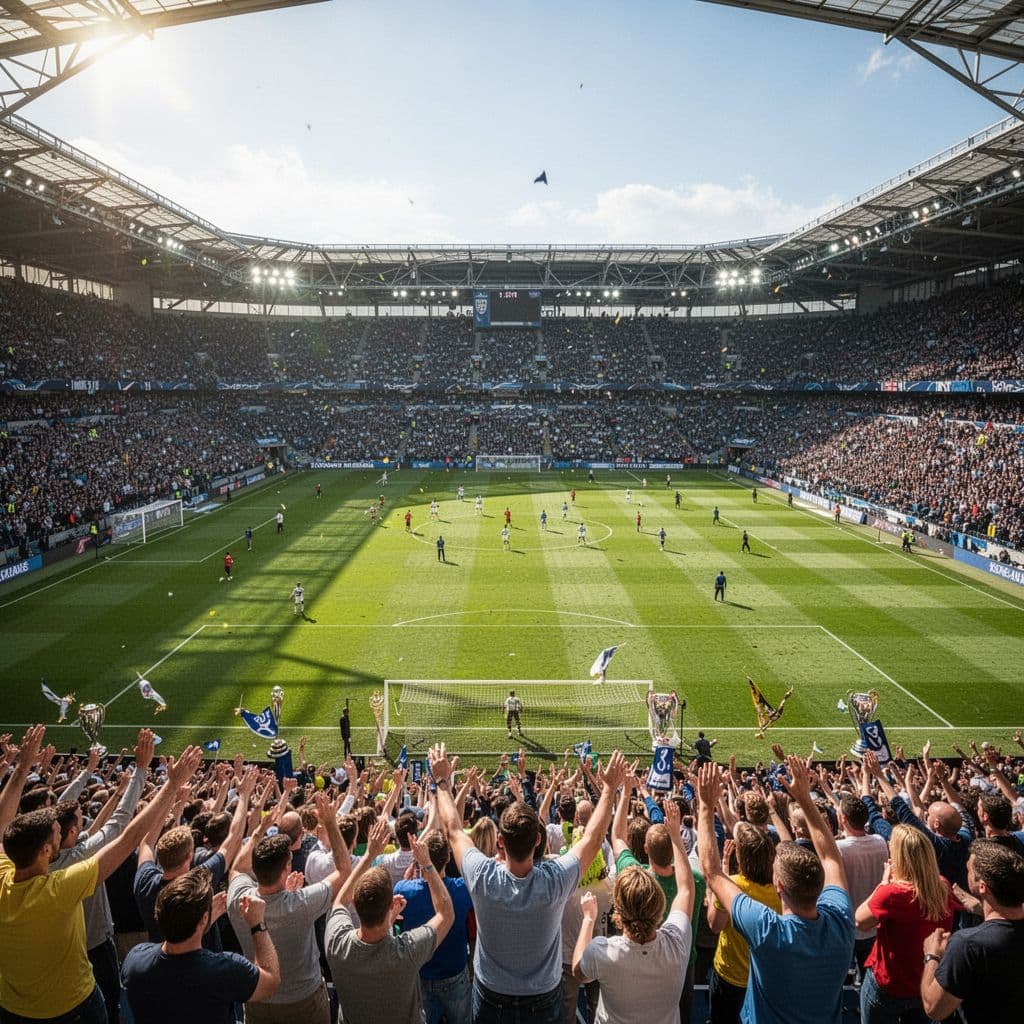 Ribuan penonton memadati tribun stadion yang megah di bawah sinar matahari siang yang cerah. Fokus kamera tertuju pada hamparan rumput lapangan yang hijau segar setelah pertandingan besar yang berakhir dengan kemenangan.