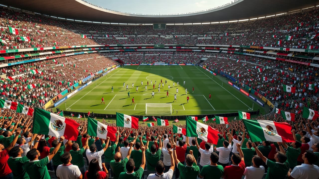 Ribuan penonton memadati tribun stadion yang luas dengan pemandangan lapangan hijau dari ketinggian. Cahaya matahari sore yang hangat menyinari rumput serta menciptakan suasana pertandingan sepak bola yang sangat sengit dan kompetitif.