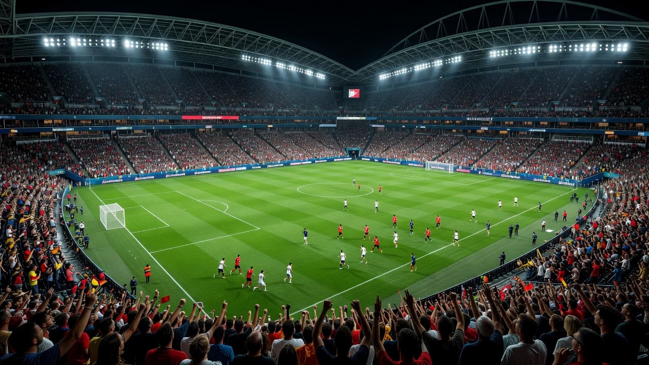 Ribuan penonton berpakaian warna-warni memadati tribun stadion besar di bawah sorotan lampu yang terang. Lapangan hijau tampak kontras dengan kerumunan suporter yang sangat antusias menyaksikan pertandingan sepak bola di malam hari.