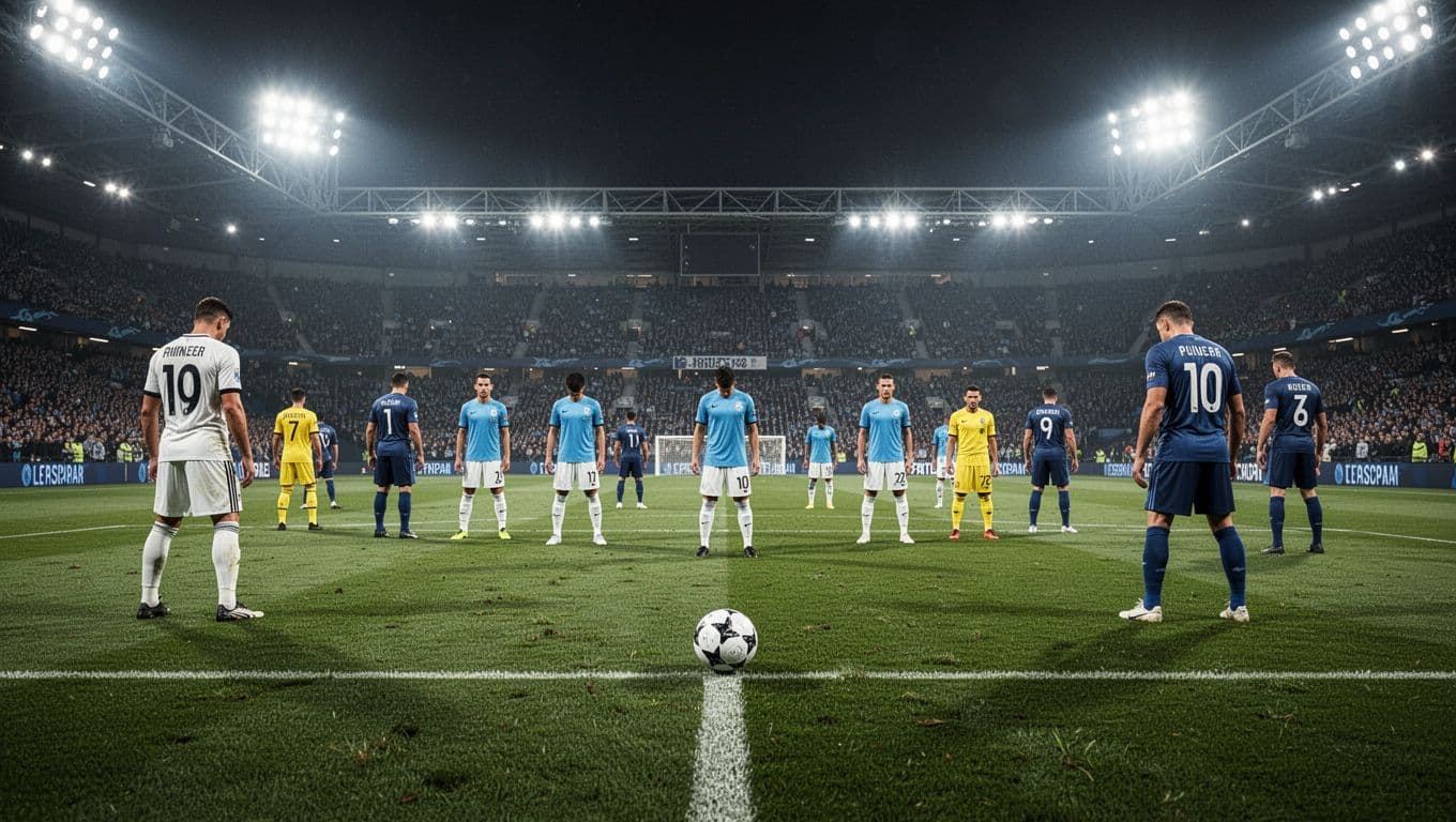 Lampu sorot menerangi lapangan hijau yang detail di bawah langit gelap. Perspektif dari sisi lapangan menangkap atmosfer tegang saat momen penalti berlangsung di tengah stadion besar yang sunyi.
