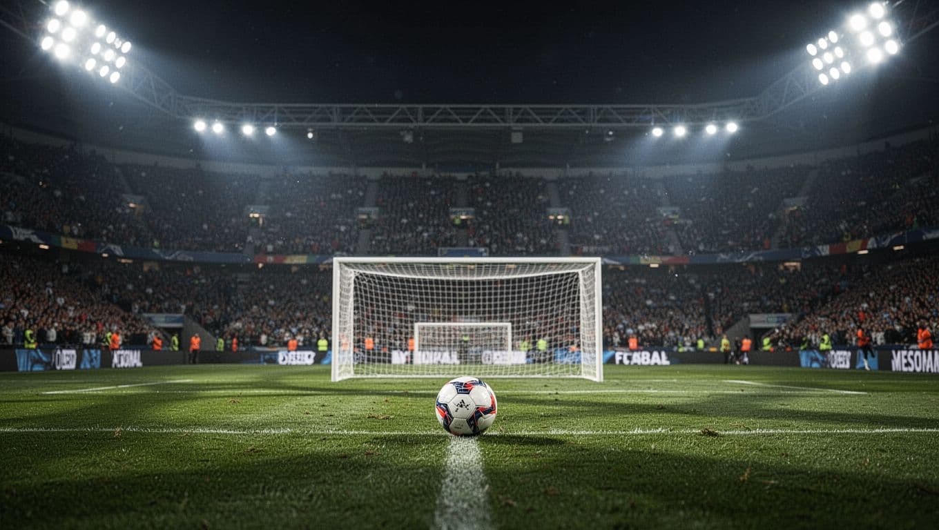 Lapangan rumput hijau terlihat di bawah lampu stadion yang terang benderang saat adu penalti. Penonton di tribun latar belakang tampak kabur, menciptakan fokus tajam pada mistar gawang yang berdiri kokoh dan megah.