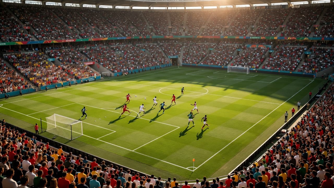 Lapangan rumput hijau yang luas membentang di bawah sinar matahari sore yang hangat. Area tribun penonton terlihat kosong dari detail individu, menciptakan atmosfer pertandingan piala dunia yang megah dan sangat dinamis.