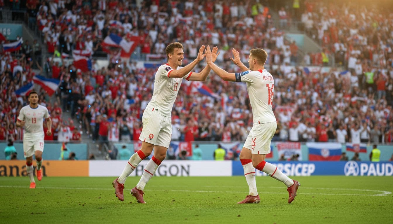 Czech Republic players Pavel Sulc and Ladislav Krejci high-five in dynamic celebration after scoring in the playoff match against Denmark, set in a packed stadium on green turf with light motion blur and evening light.