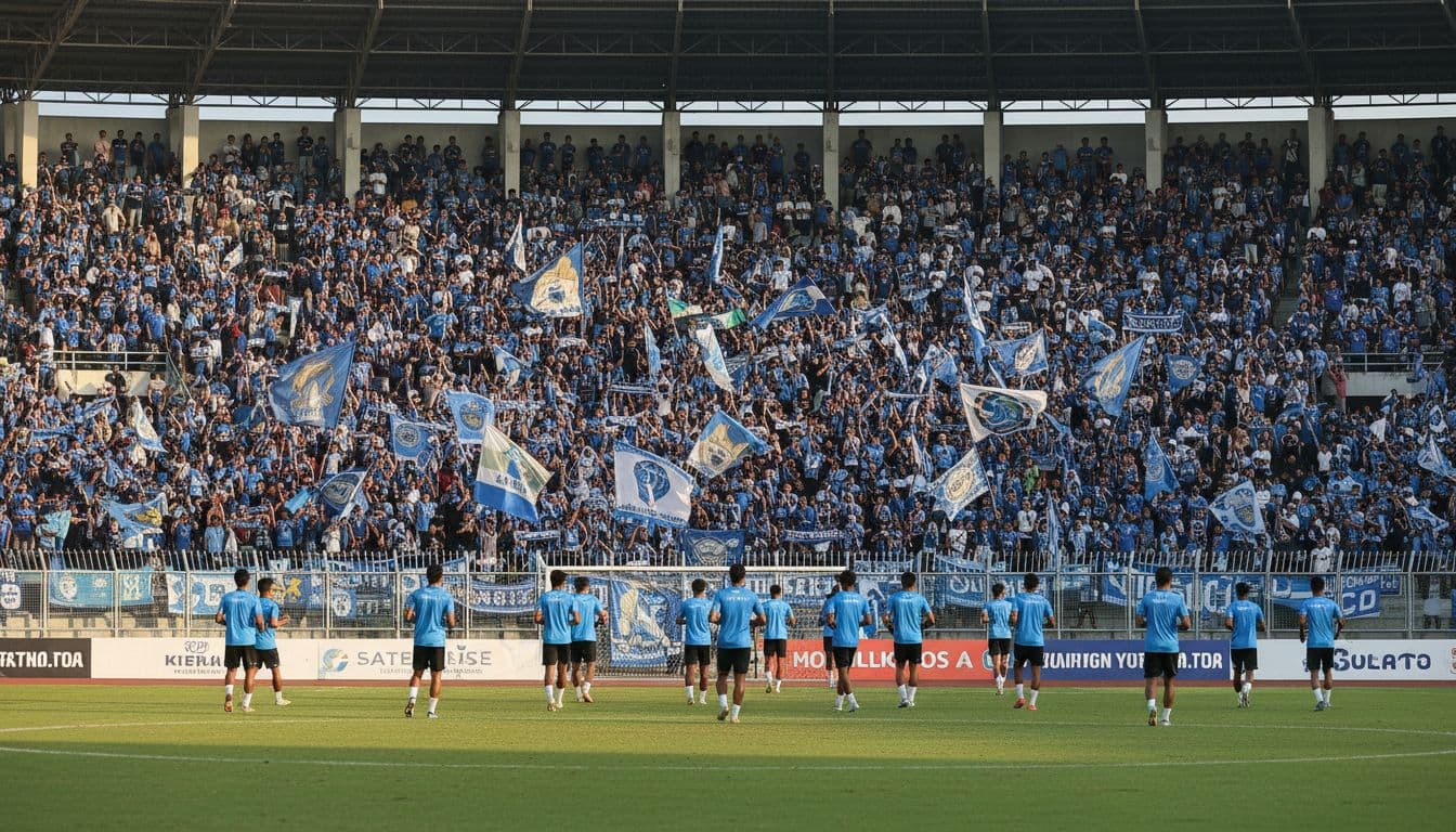 Sultan Agung Stadium crowded with PSIM Yogyakarta fans waving blue flags, players warming up on green field.