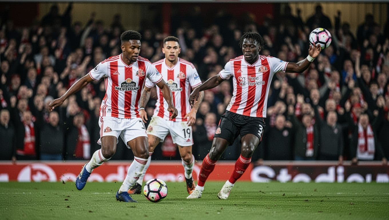 Dynamic action of Sunderland AFC players in red and white home kit attacking Manchester United goal during night match at Stadium of Light, Wilson Isidor dribbling forward with ball, Eliezer Mayenda positioning for shot, Etienne Le Fee supporting from midfield, intense stadium atmosphere with blurred cheering crowd in background, realistic professional soccer photography, vibrant floodlights, no text or logos, exactly three players visible, no defenders or extra people, landscape composition