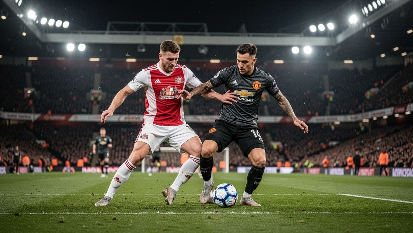 Sunderland players in red-white jerseys tackle and block Manchester United attackers in front of penalty area on floodlit pitch.