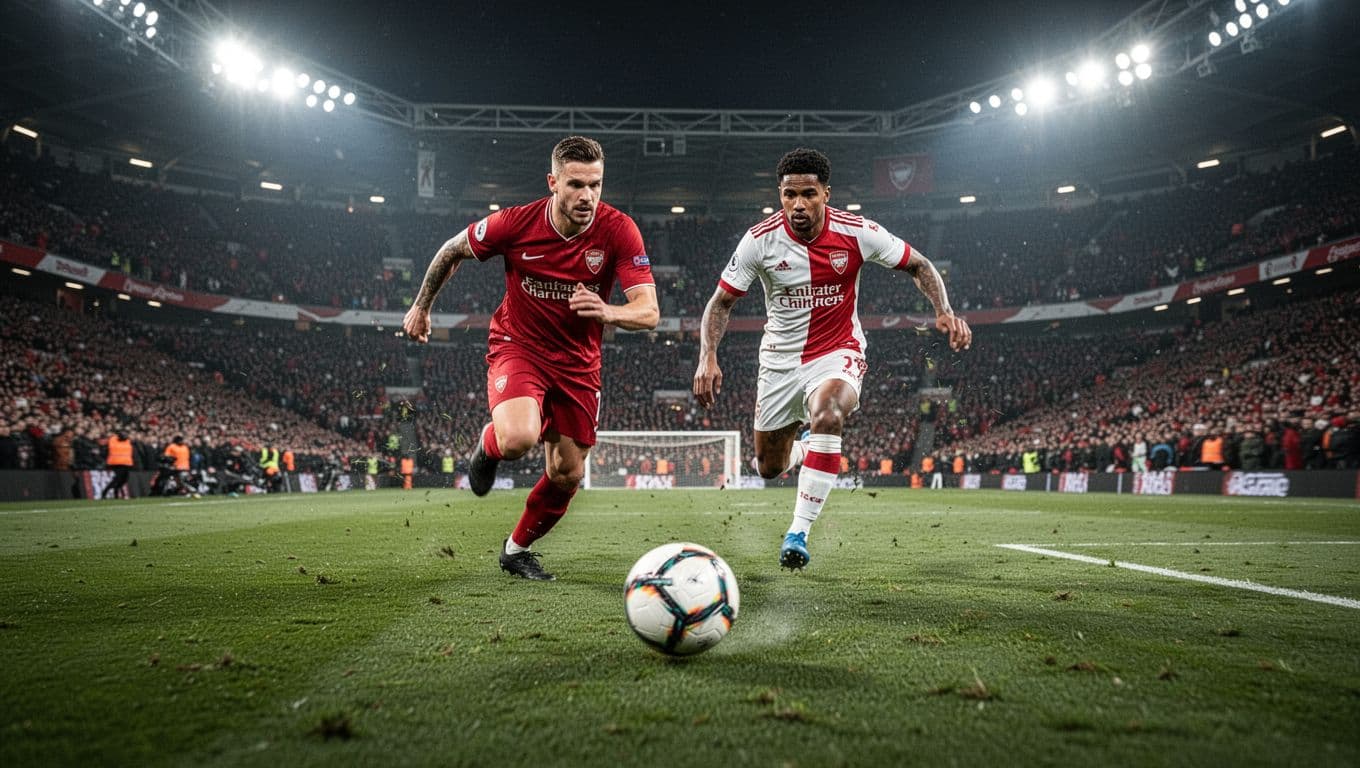 Five players in action during Manchester United's counter-attack breaking Sunderland's midfield at lit Stadium of Light with blurred crowds.